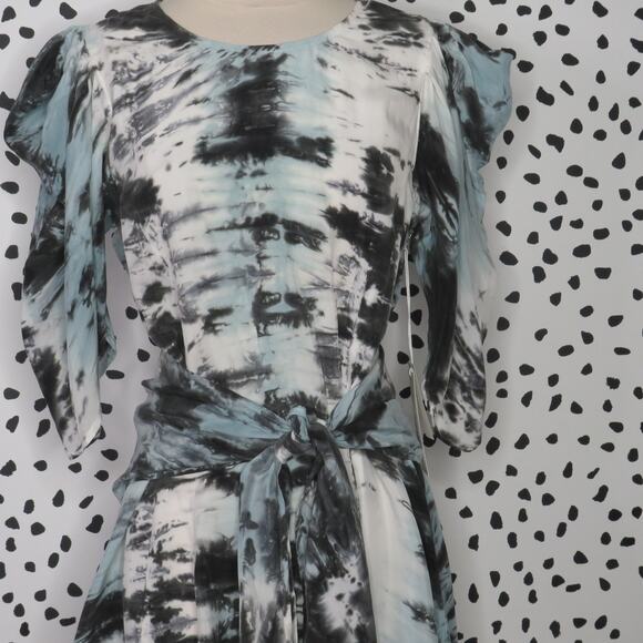 R.G. Kane Blue Tie Dye Sash Belt Puff Sleeve Cupro Dress - Picture 4 of 10